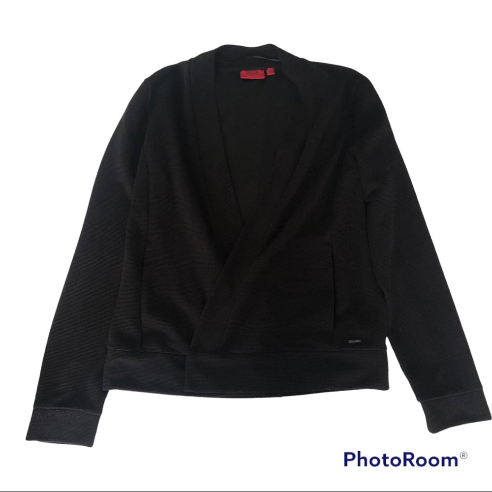 Hugo Boss black ribbed wrap 2 button cardigan sweater